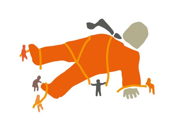 The Stop Corporate Impunity logo. An illustration of people tying down a giant 'corporate' man in an orange suit and grey tie.