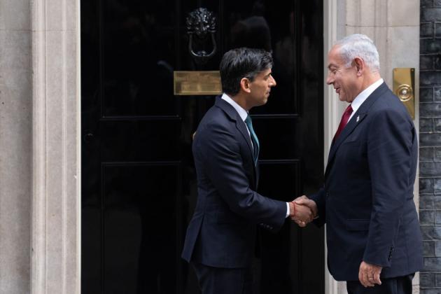 UK Prime Minister, Rishi Sunak, shakes hands with Israeli Prime Minister, Benjamin Netanyahu, in front of no.10 Downing Street in London.