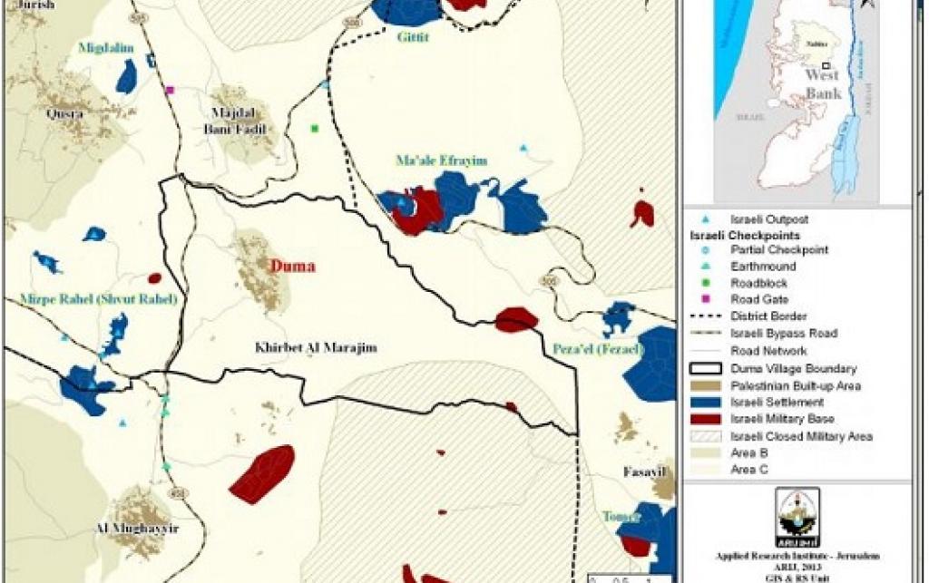 Map: Duma surrounded by Israeli military bases (in red) and settlements (in blue)