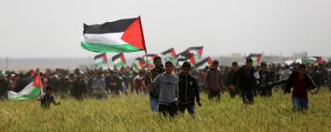 Great March for Palestine with people holding up flags and marching on a field
