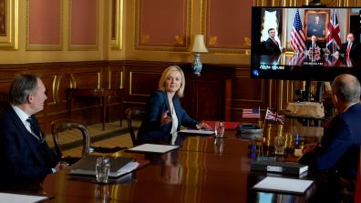 05/05/2020. London, United Kingdom. Liz Truss UK-US trade talks. International Trade Secretary Liz Truss talks remotely from the Foreign Office to the US trade representative Robert Lighthizer to begin the UK-US trade talks. Picture: Andrew Parsons / No 10 Downing Street
