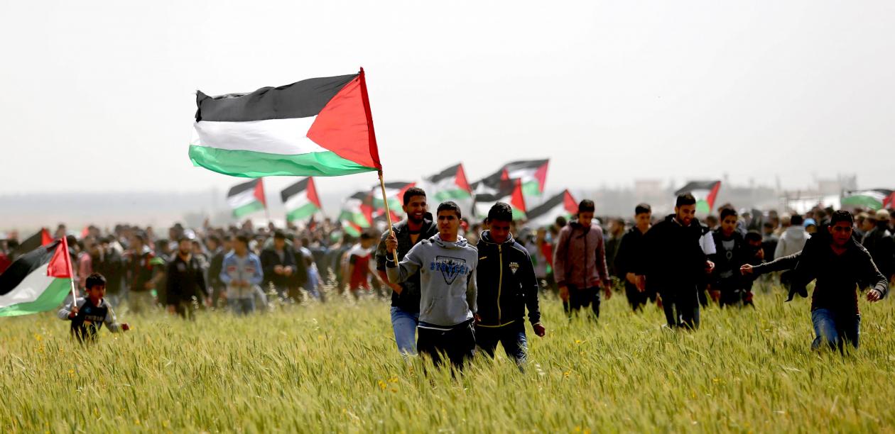 Palestinians take part in the Great March of Return in Gaza, Palestine, on Land Day, 30 March 2018. A crowd is gathered in a green field, holding Palestinian flags. Photo: Ashraf Amra/APA/Shutterstock